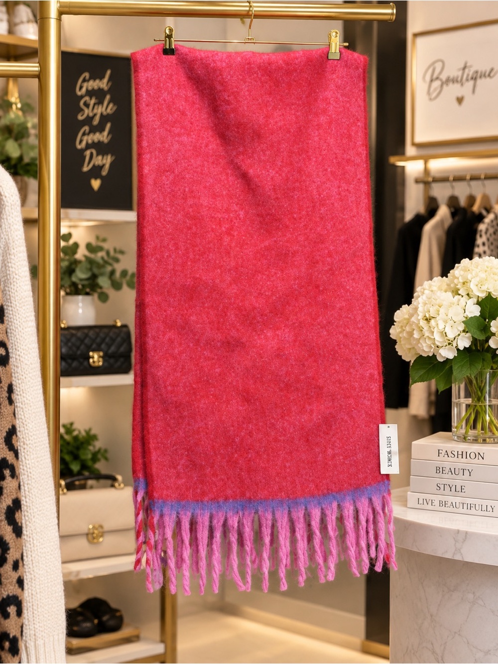Steve Madden Two-Tone Lofty Scarf Fuzzy Oversized SMA-5223 Bright Pink Multi